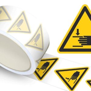 Waarschuwingssticker handbeklemming, op rol - 100 mm breed - 100 stickers